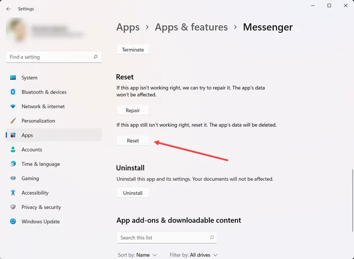 Reimposta l'app Messenger