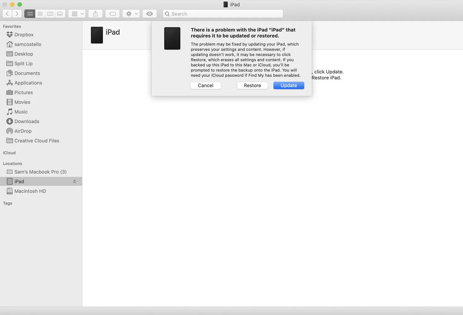Captura de tela da restauração de um iPad no Mac