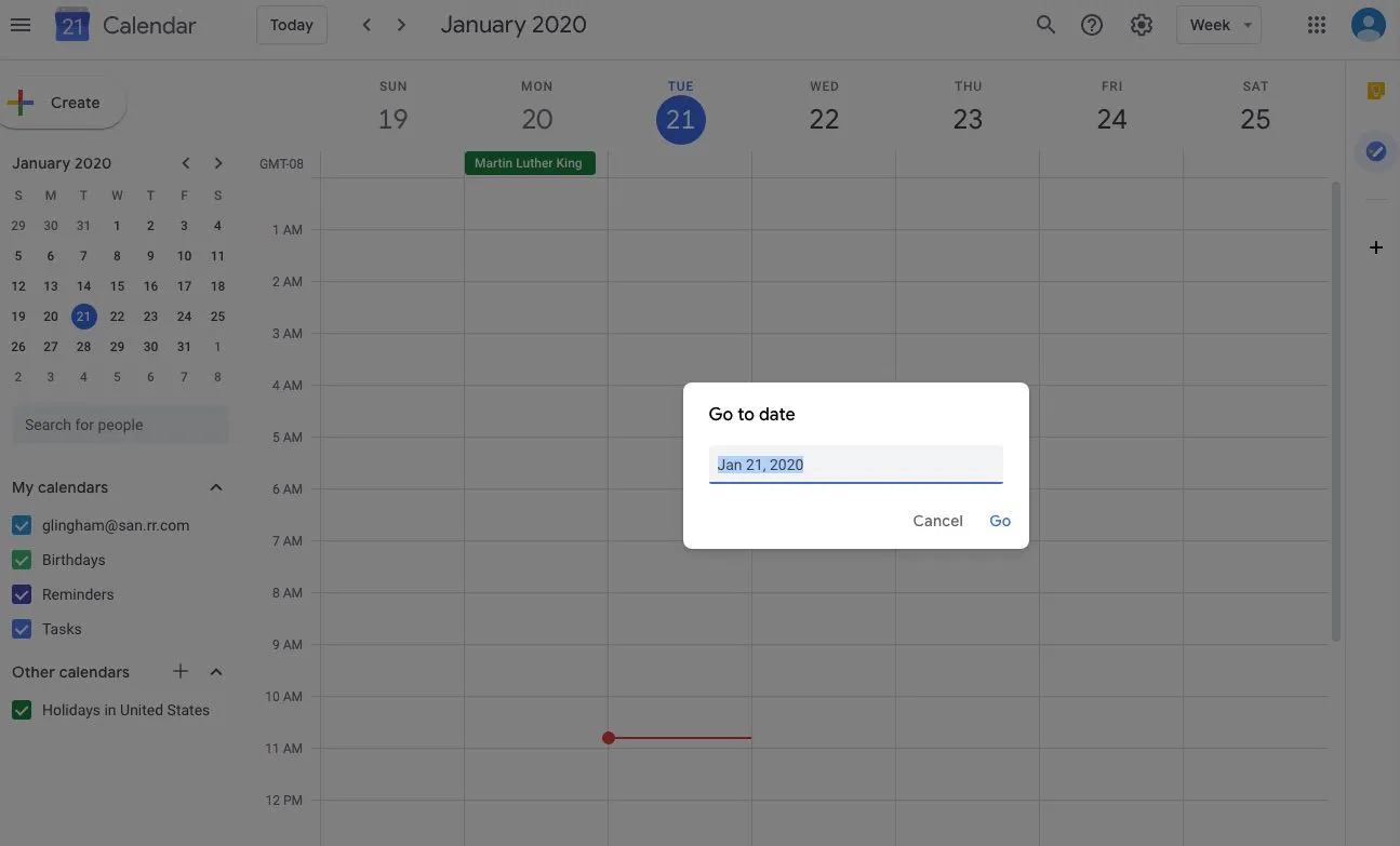 Screenshot della funzione Vai alla data di Google Calendar