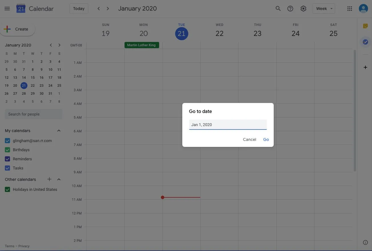 Screenshot di Google Calendar Vai a data