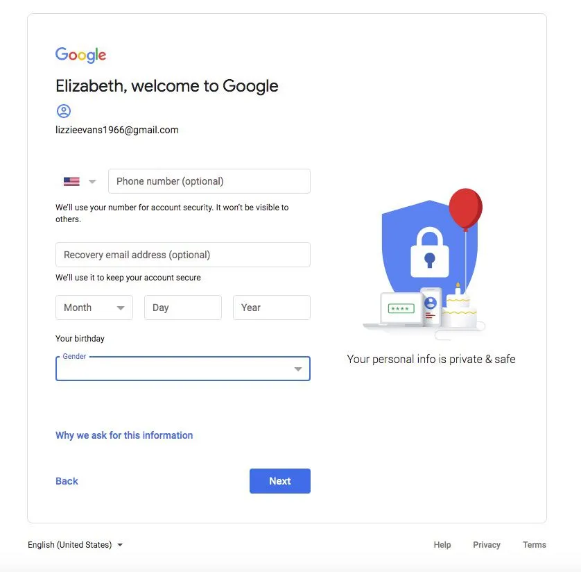 Google-Kontoanmeldung mit Geburtstag und Geschlecht