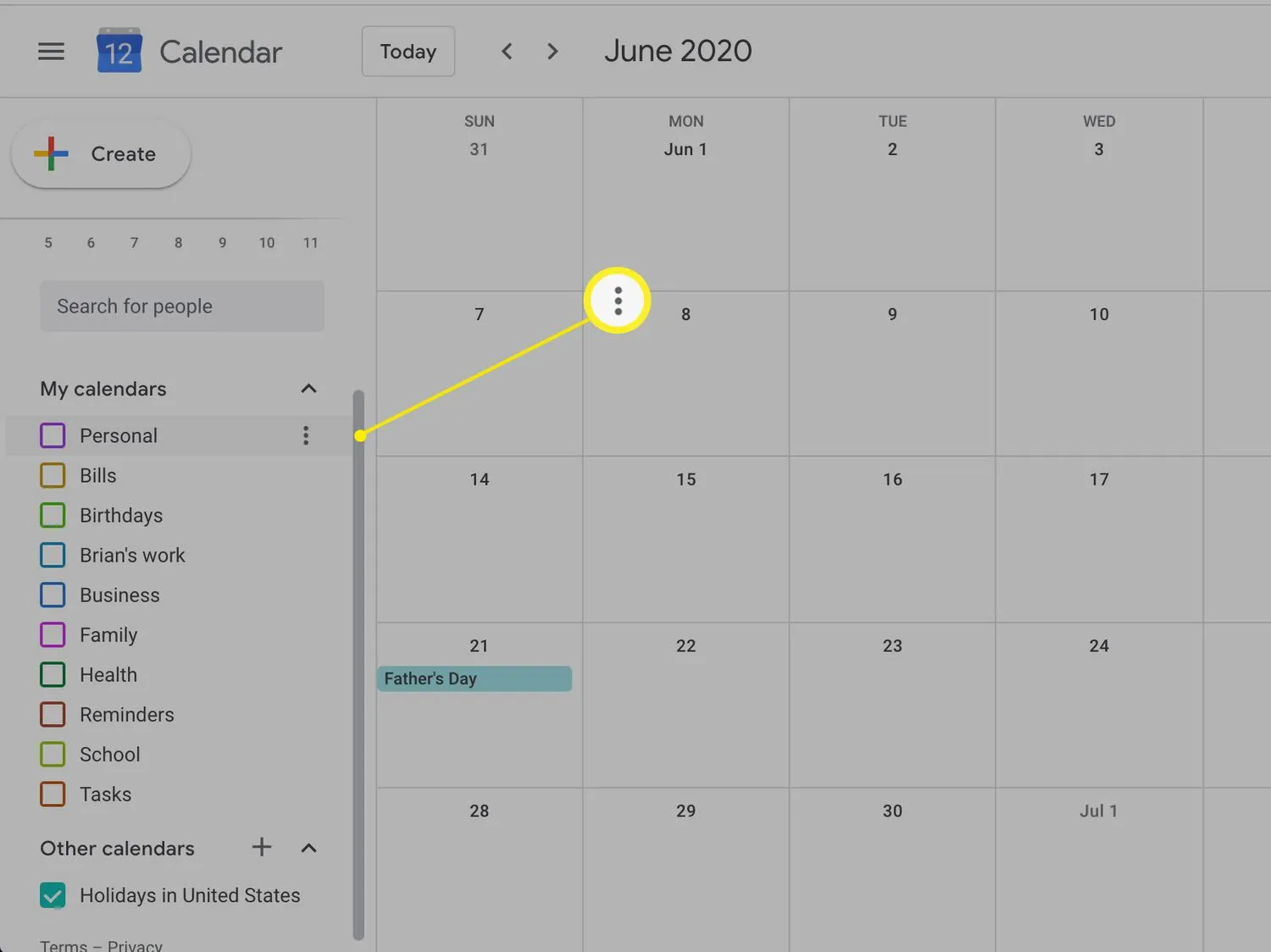 Auswahl eines Kalenders in Google Kalender