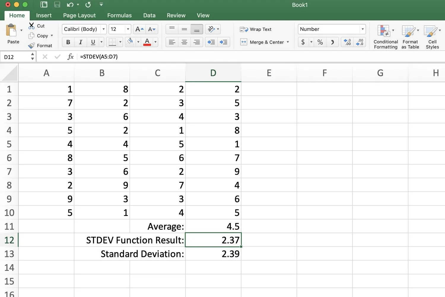 표준 편차에 대한 숫자 그리드 설정이 포함된 Excel 스크린샷