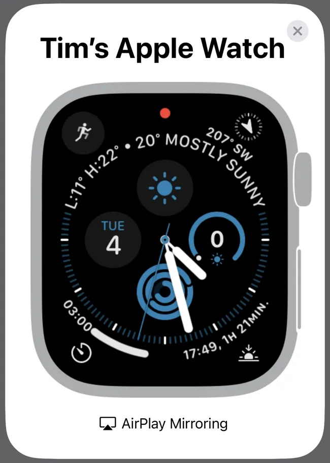 ミラーリング モードの Apple Watch の文字盤