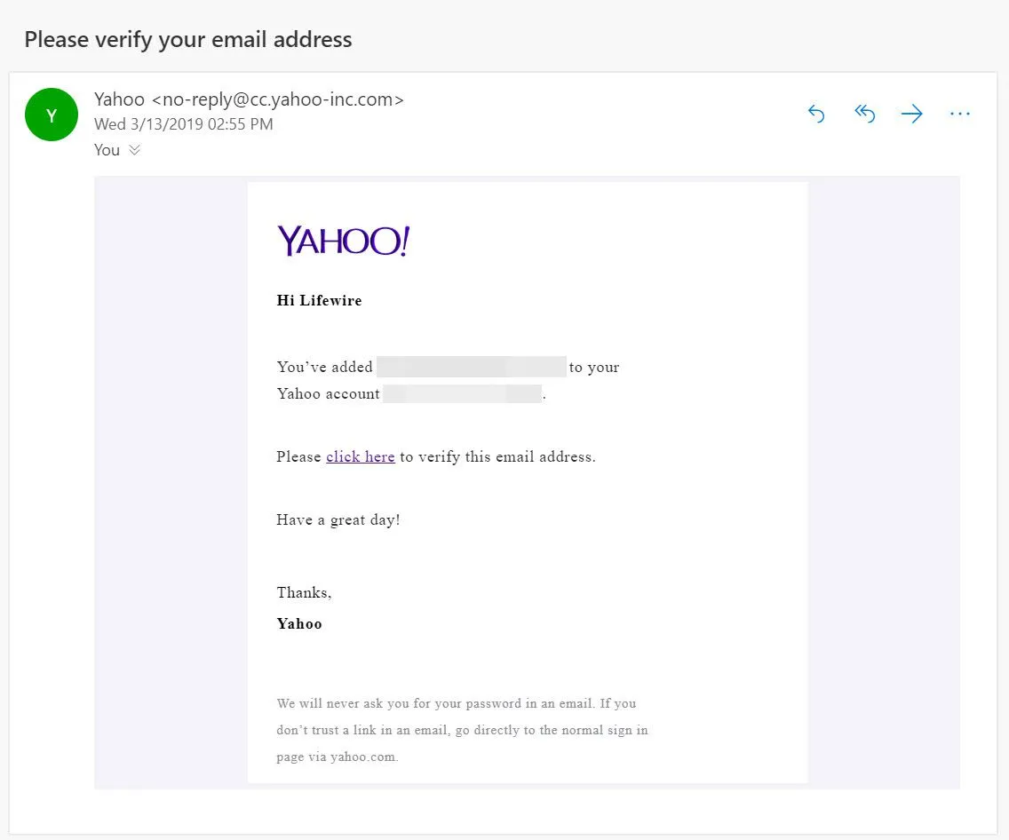 Email di verifica inviata da Yahoo