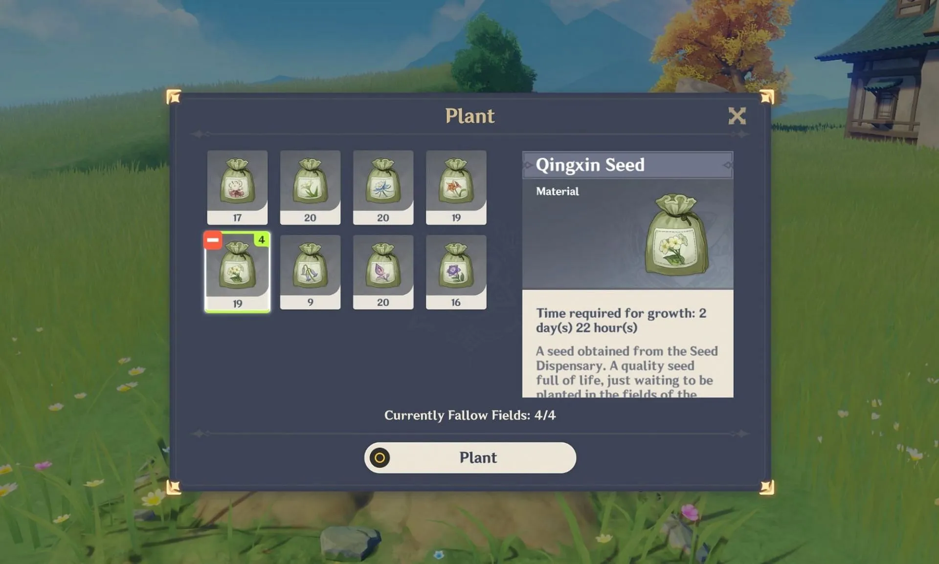 Um exemplo de um jogador plantando as sementes deste item em seu Pote Serenitea (Imagem via HoYoverse)