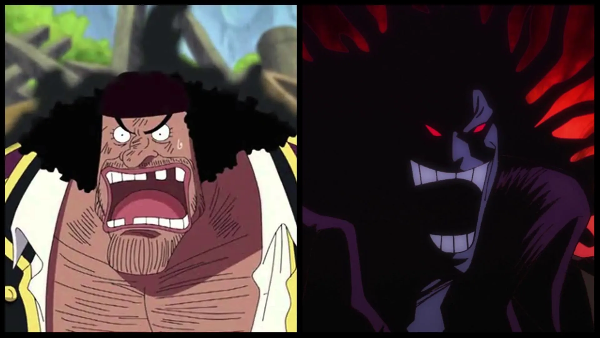 シリーズのアニメで見られる黒ひげ (左) とロックス D. ジーベック (右) (Sportskeeda による画像)
