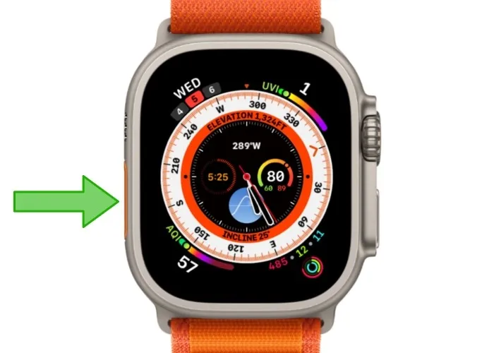 Evidenziazione verde del pulsante di azione di Apple Watch Ultra