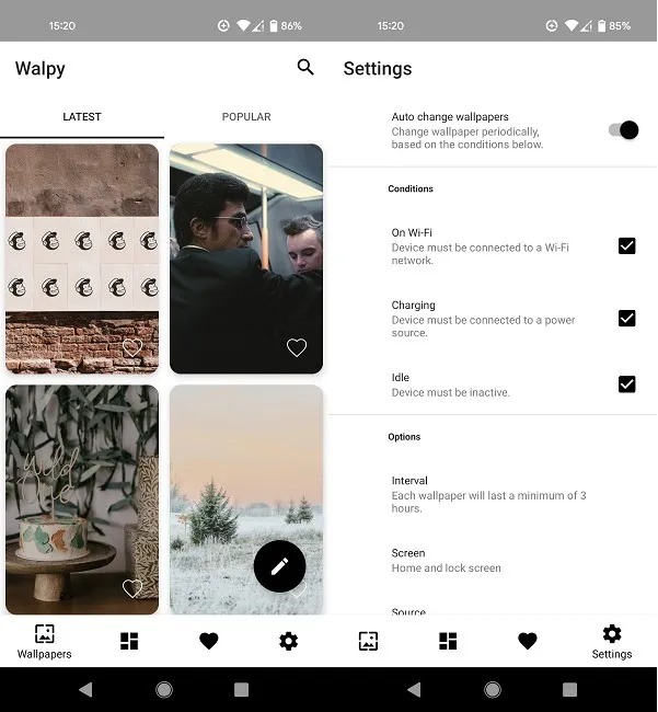 Beste veranderende achtergrond-apps Android Walpy