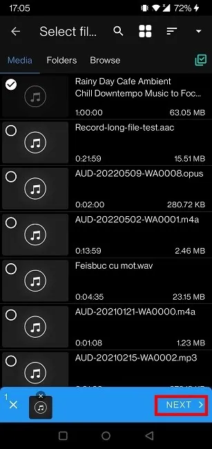 Comprimi file di grandi dimensioni Android Audio Cutter Seleziona file