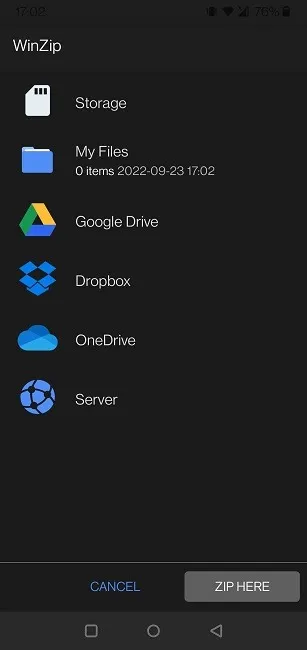 Comprimir archivos grandes Opciones de archivo Winzip de Android