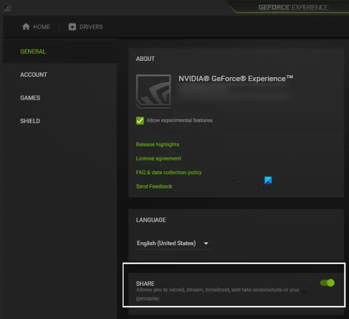 Désactiver GeForce Experience Share In-game Overlay