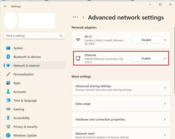 Habilite la conexión Ethernet en Windows 11.