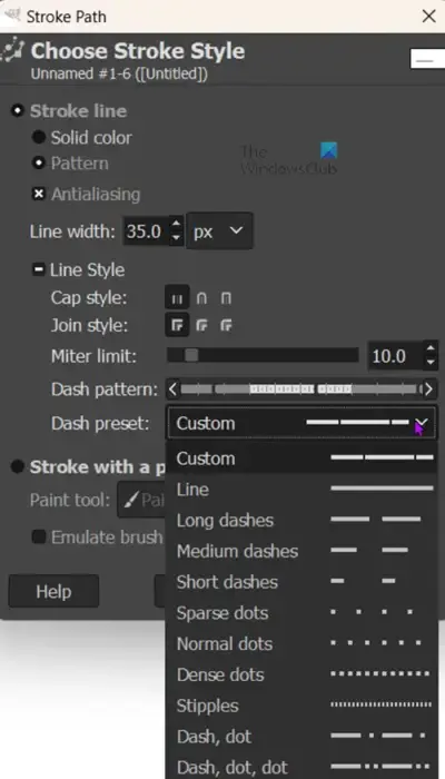 GIMP で点線を描く方法 - ストローク オプション - ダッシュ プリセット