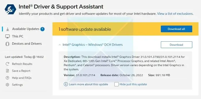 Installeer Intel Driver met behulp van Support Assistant