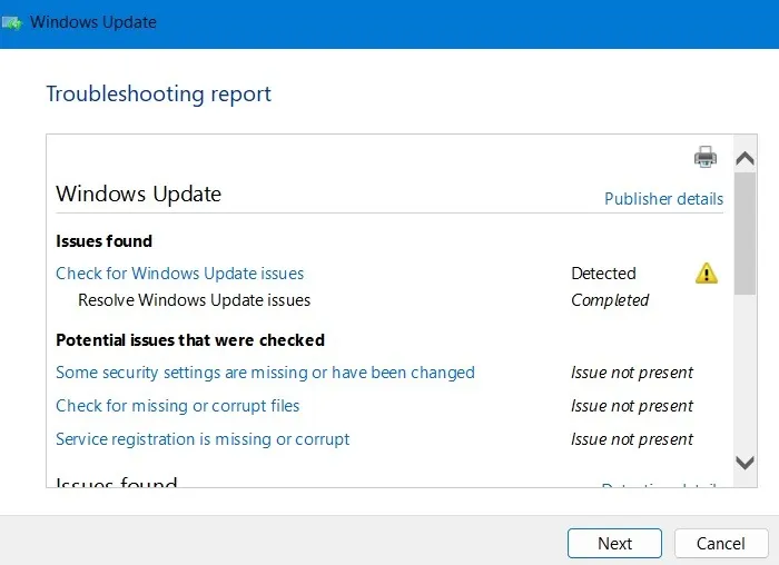 最新の Windows Update の問題 トラブルシューティング レポート 問題が検出されました
