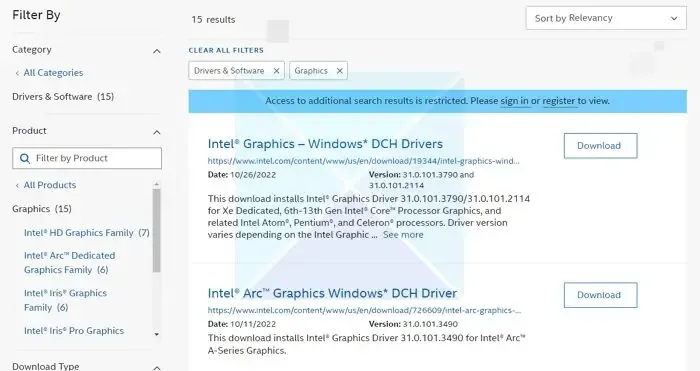 インテルの Web サイトからインテル ドライバーを手動でダウンロードします。
