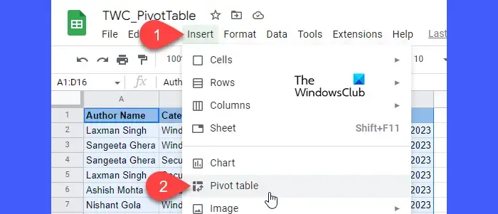 Option zum Einfügen einer Pivot-Tabelle in Google Sheets