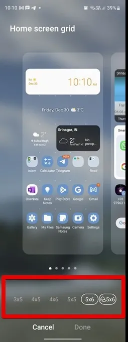 Tamaño de cuadrícula de la pantalla de inicio de Samsung