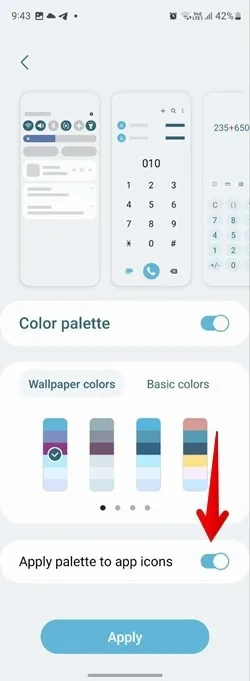 Palette de couleurs de papier peint Samsung Appliquer