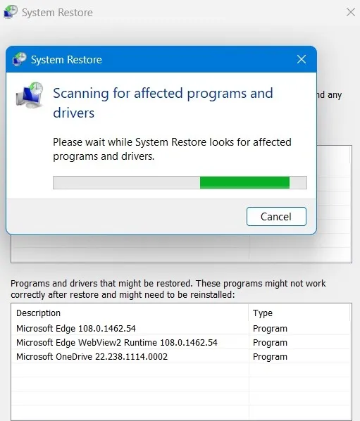 システムの復元 影響を受けるプログラムの Windows スキャン