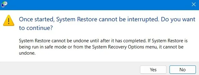システムの復元 Windows 警告メッセージ システムを中断できません