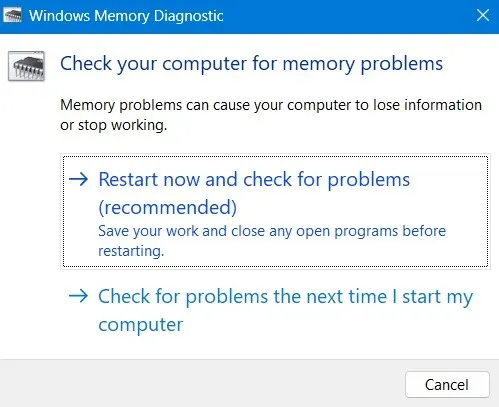Windows メモリ診断ポップアップの再起動オプション。