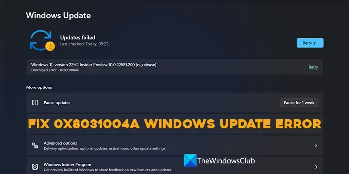 Errore di Windows Update 0x8031004a