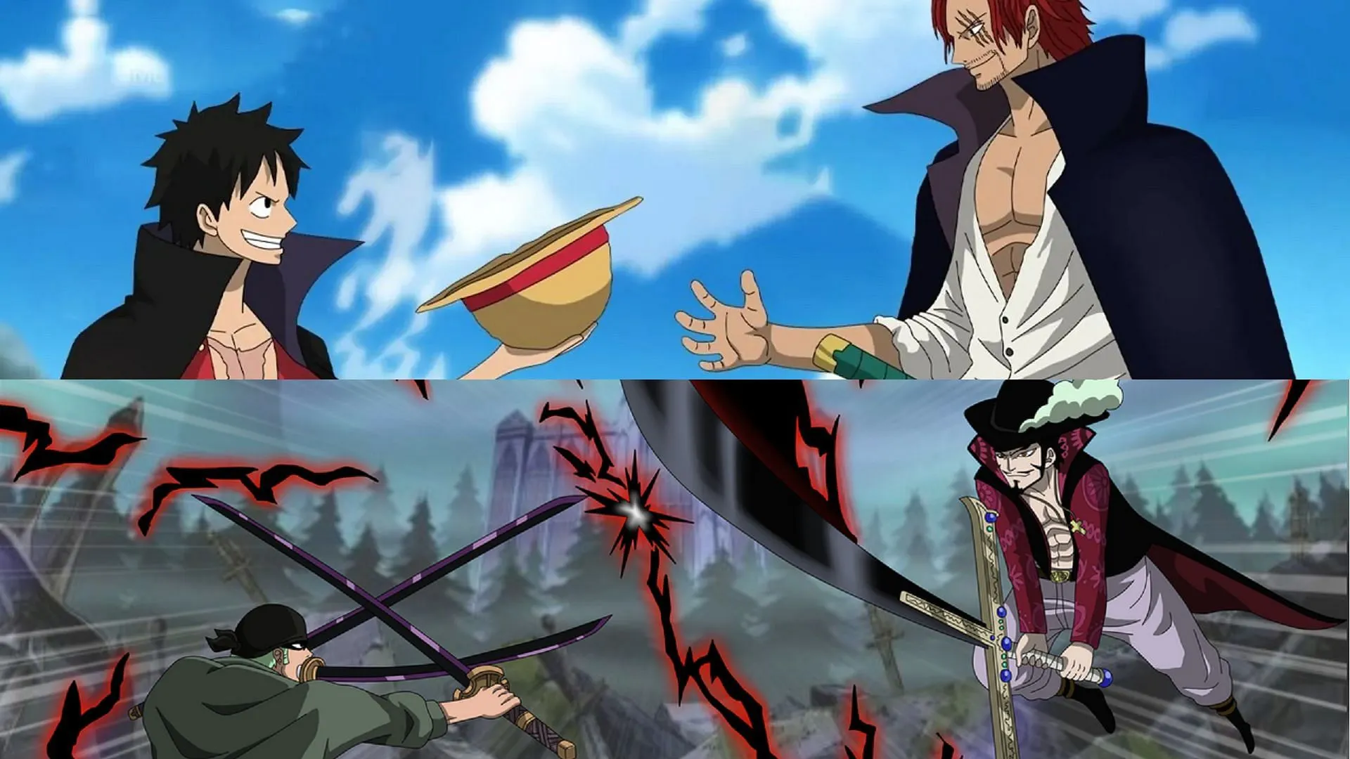ルフィとゾロの運命は、シャンクスとミホークの運命と絡み合っている (Image via Oda Eiichiro / Shueisha, One Piece)