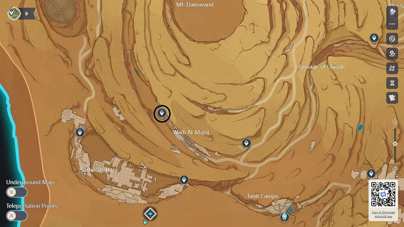 Teleportieren Sie sich nach Wadi Al-Majun und gleiten Sie hinunter zu den Eremitenlagern (Bild über HoYoverse)