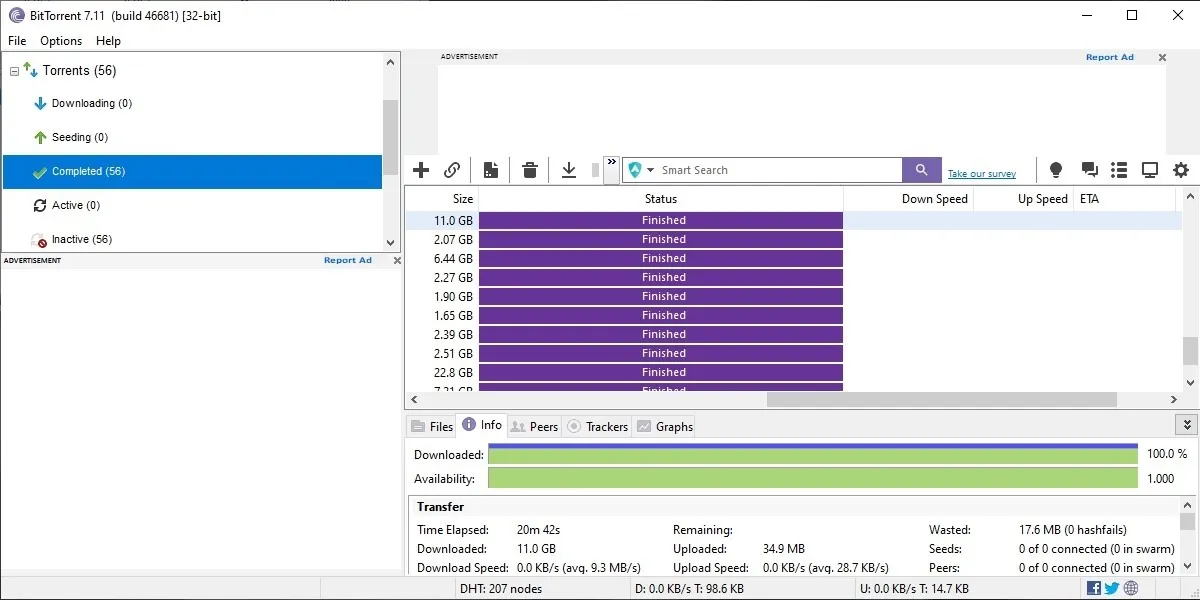 Panoramica dell'interfaccia BitTorrent in Windows.