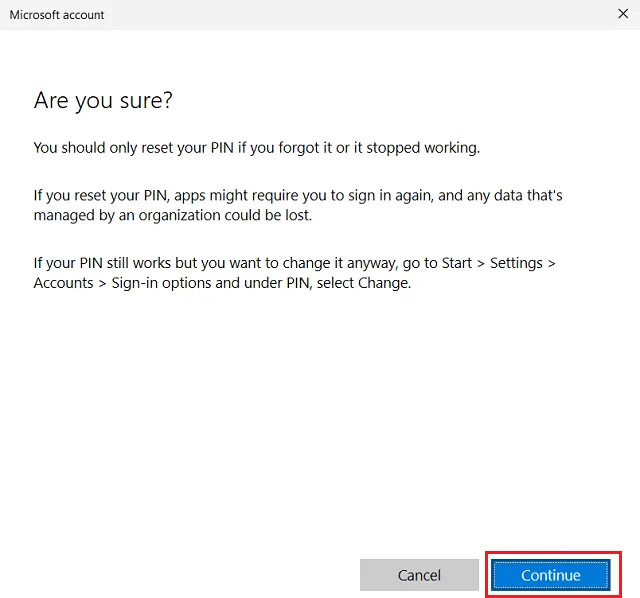 Crie um PIN usando a conta da Microsoft
