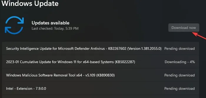 Vista de actualizaciones de Windows.