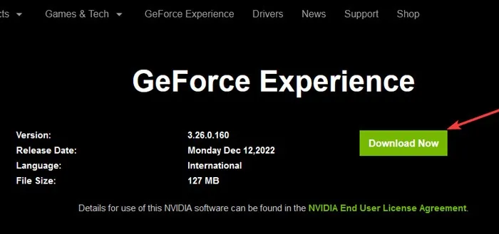 Descarga de GeForce Experience desde el sitio web oficial de NVIDIA.
