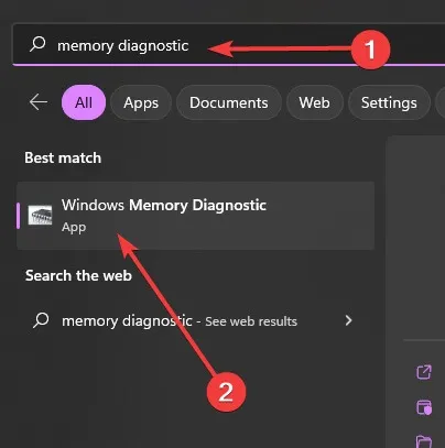 Búsqueda de Diagnóstico de memoria de Windows mediante Buscar.