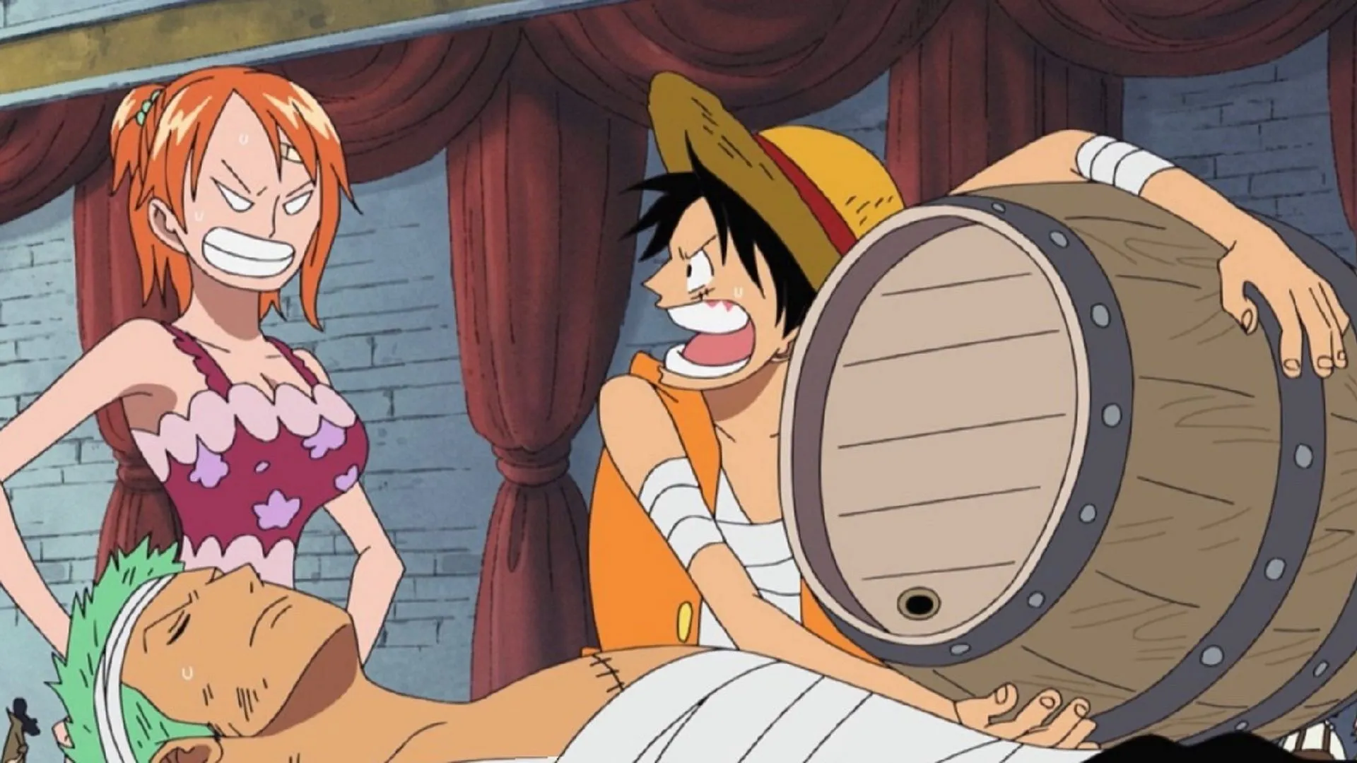 Kuma와의 사건의 결과에서 Zoro가 더 빨리 치유되도록 Luffy는 조로에게 사케를 마시려고했습니다 (Toei Animation, One Piece를 통한 이미지)