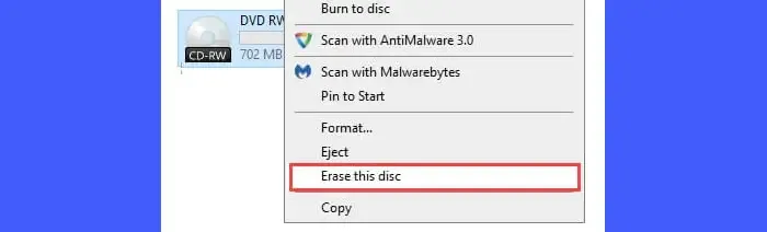 Option Effacer le disque dans le disque réinscriptible
