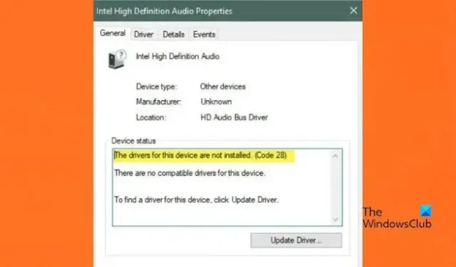 Beheben Sie Intel High Definition DSP Code 28 unter Windows 11/10