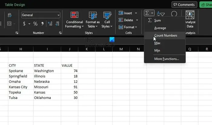 Números de contagem do Excel