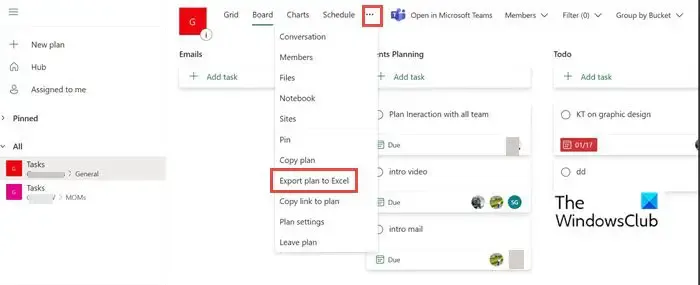 Esporta un piano da Microsoft Planner in un foglio Excel