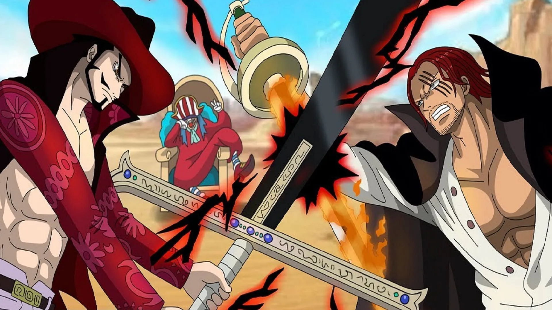 ミホークとシャンクスの戦いは伝説的です (Image via Oda Eiichiro / Shueisha, One Piece)