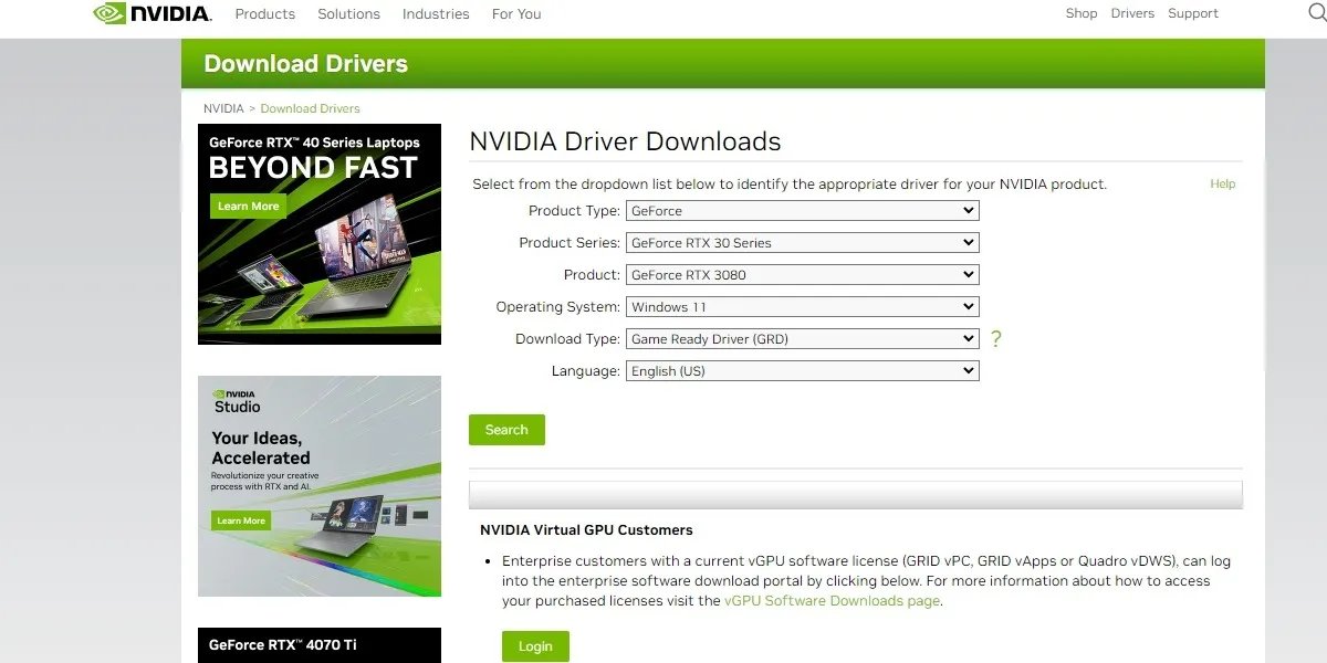NVIDIA ドライバーのダウンロード ページ。