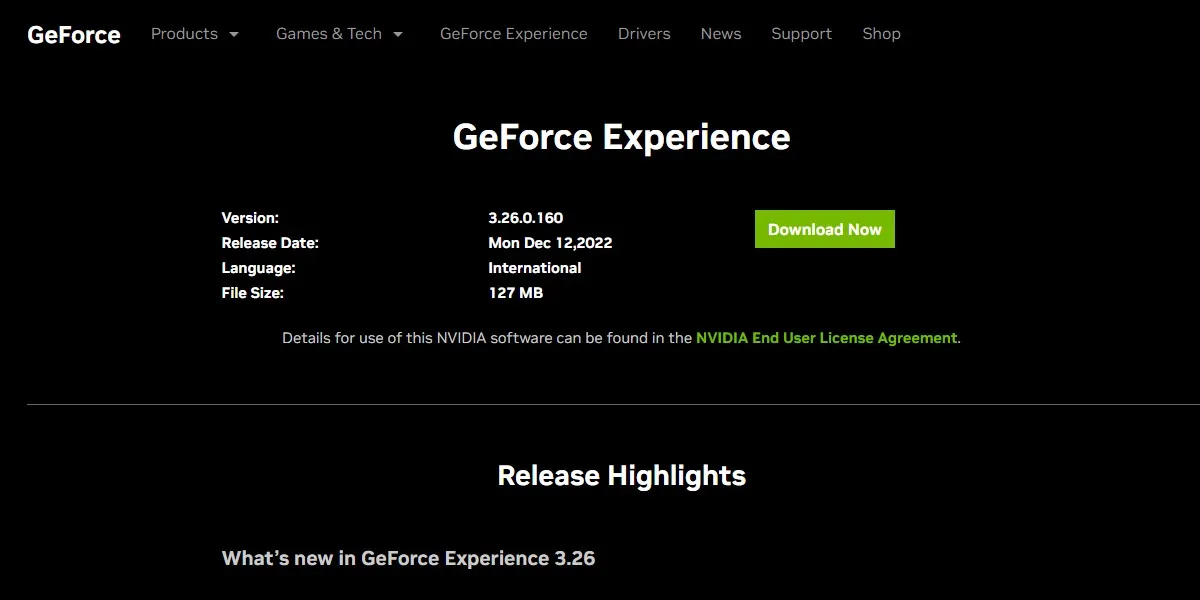 GeForce エクスペリエンスのダウンロード ページ。