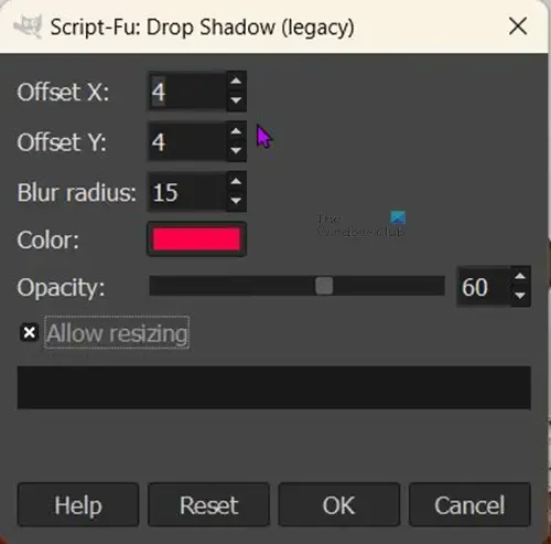 GIMP でオブジェクトにグローを追加する方法 - ドロップ シャドウ - 従来のオプション ウィンドウ
