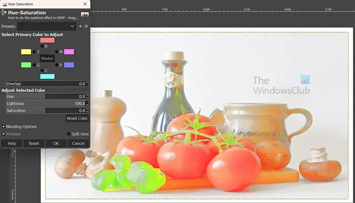 GIMPでウォッシュアウト効果を行う方法 - 色相彩度の調整