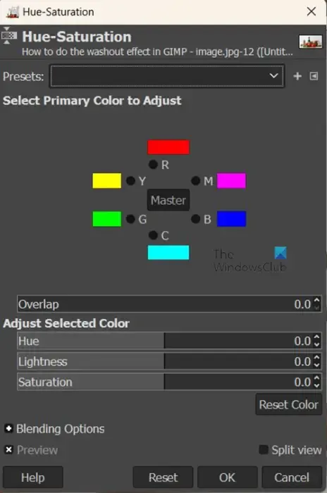 GIMPでウォッシュアウト効果を行う方法 - 色相彩度メニュー