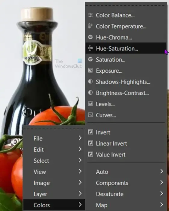 GIMPでウォッシュアウト効果を行う方法 - 色相彩度 - 右クリック