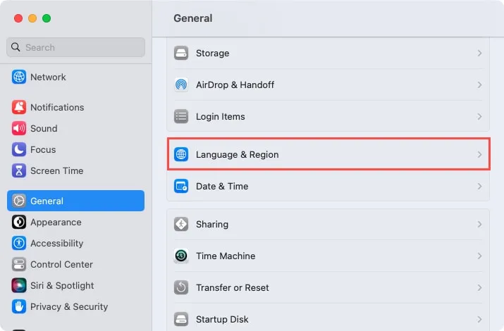 Mac システム設定の一般、言語、および地域