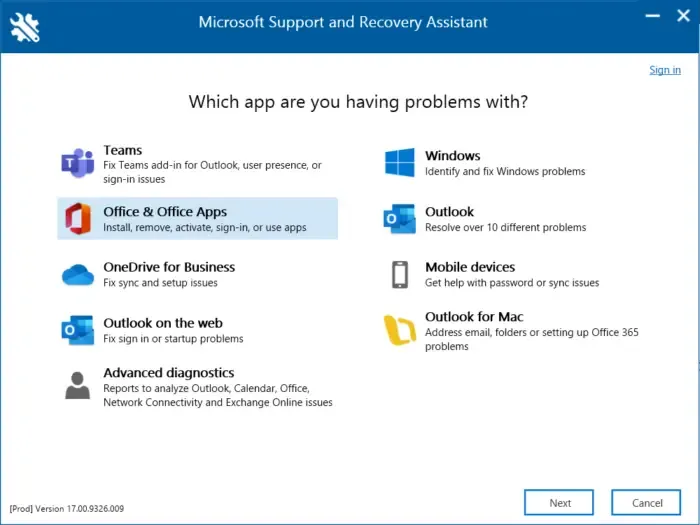 Microsoft サポートおよび回復アシスタント