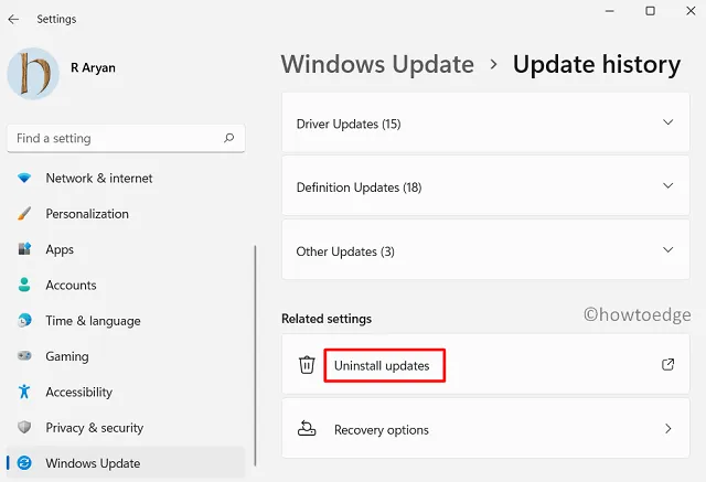 Windows 11 の修復 - 更新プログラムのアンインストール
